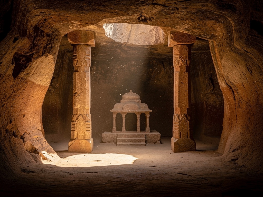 Rock-cut cave shrine interior with carved pillars and soft light at the entrance