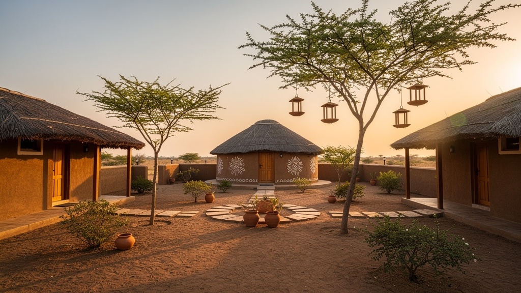 Eco-lodge courtyard at Dasada with mud-plastered cottages, thatched roofs and a bhunga hut at golden hour