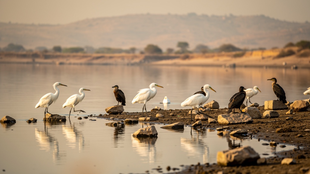 Egrets and cormorants wading at the edge of Dholidhaja Dam reservoir in morning light