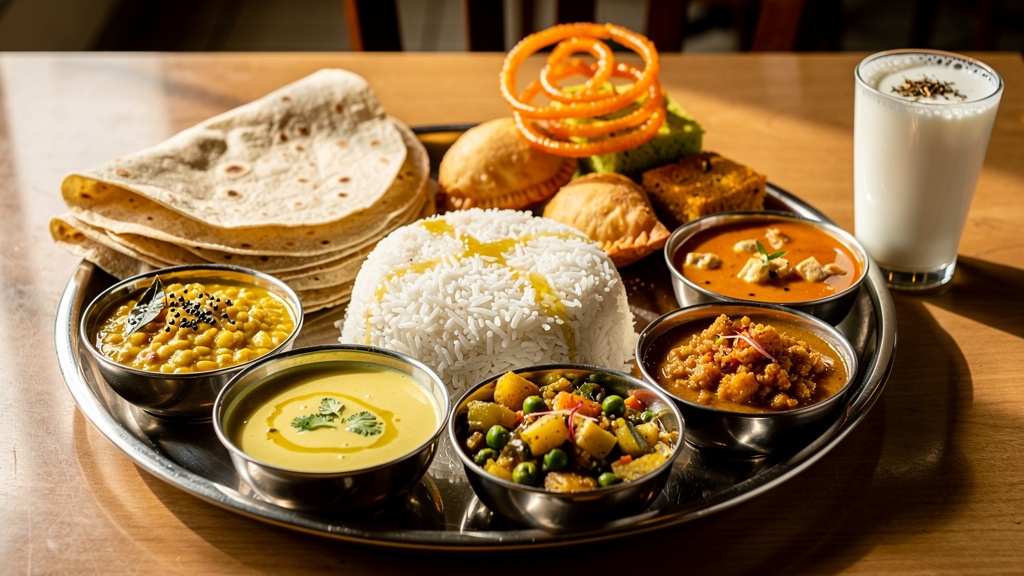 A full Gujarati thali with dal, kadhi, shaak, rotli, rice, farsan and jalebi
