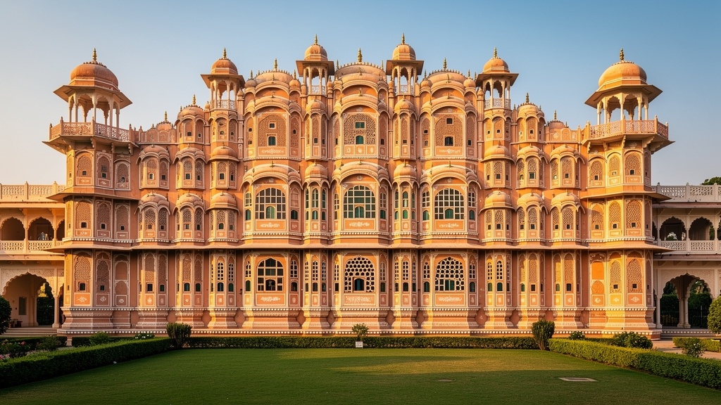 Hawa Mahal palace facade in Wadhwan with latticed windows and domed balconies