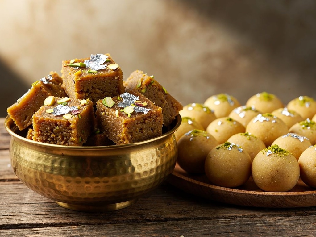 Mohanthal, sukhdi and ladoo arranged on a wooden plate with silver leaf