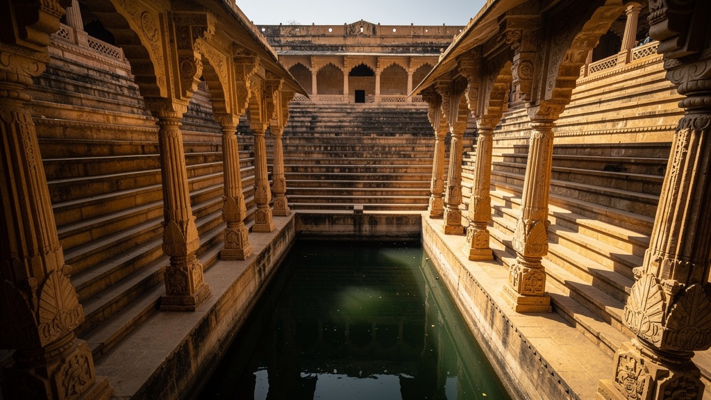 Historic stepwell in Limbdi with carved pillars framing a still water tank