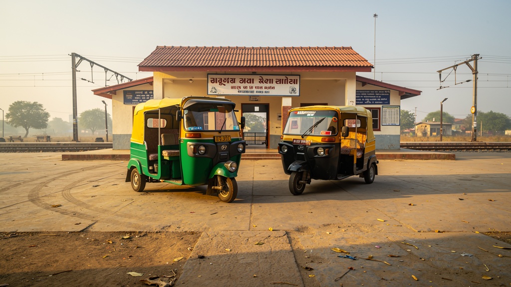 Auto-rickshaw and taxi parked outside a small Gujarat railway station in warm morning light