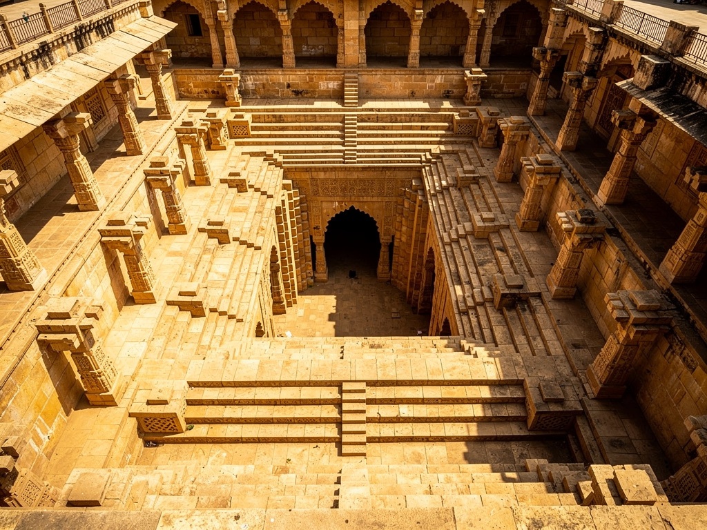 Geometric tiers and carved pillars of a stepwell seen from above
