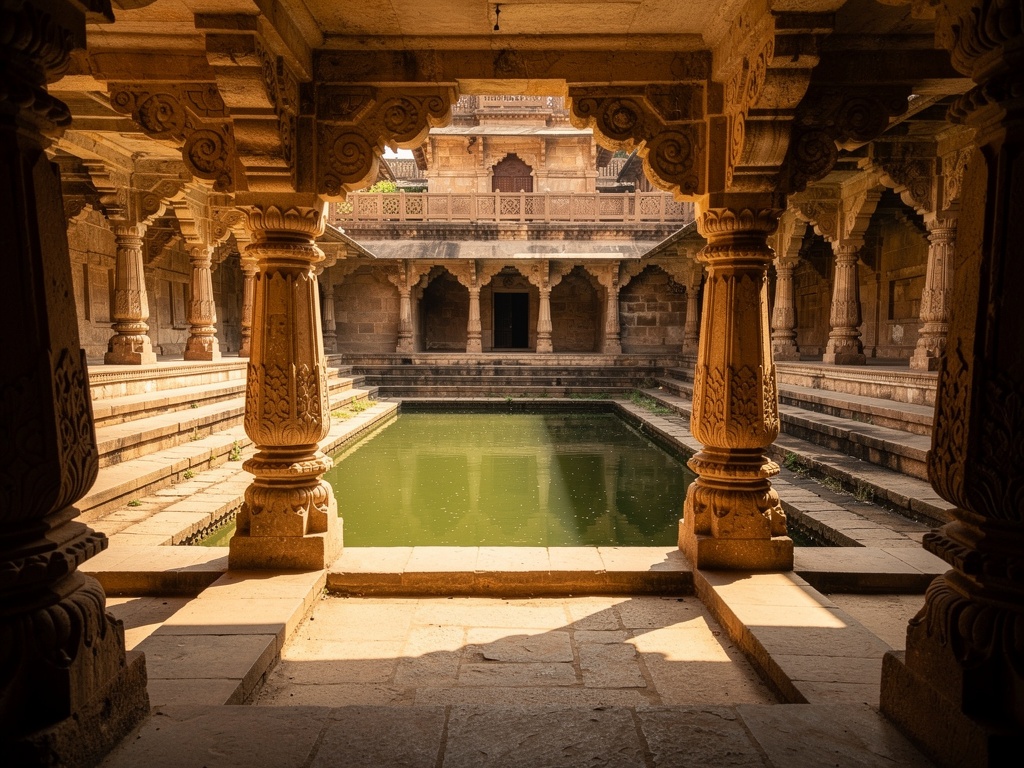 Old carved stepwell and temple complex in Muli with stone pillars framing a still water tank