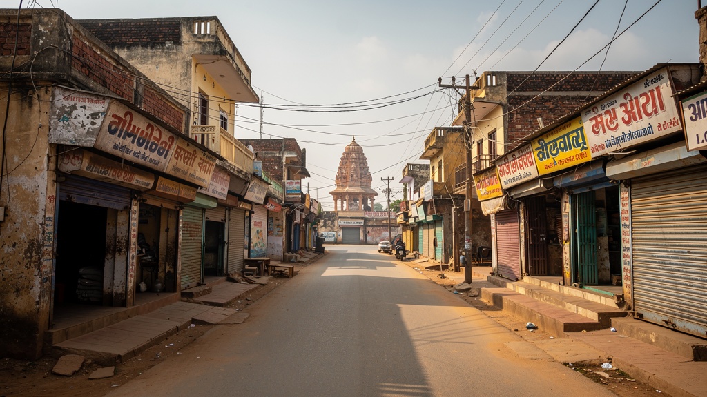 Quiet street in Muli with modest old shopfronts and a temple tower in the distance