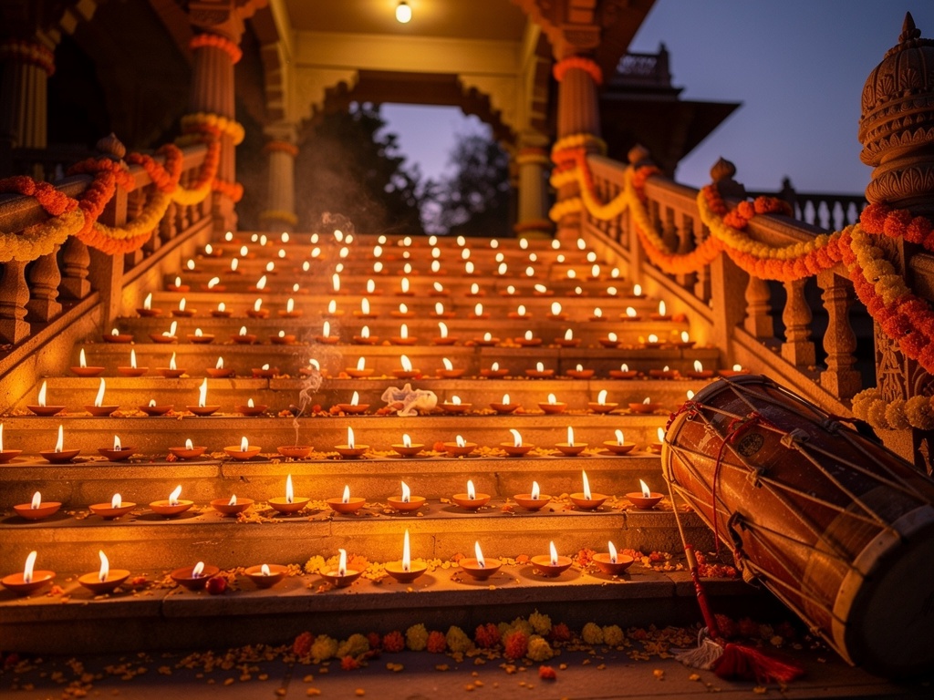Rows of glowing clay oil lamps on temple steps at dusk