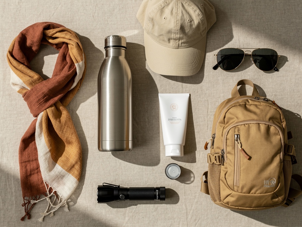 Flat lay of travel essentials: water bottle, cap, sunglasses, sunscreen, torch, scarf and backpack on beige linen