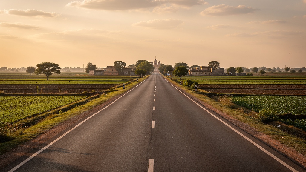 Empty Saurashtra highway through flat farmland under warm late-afternoon light