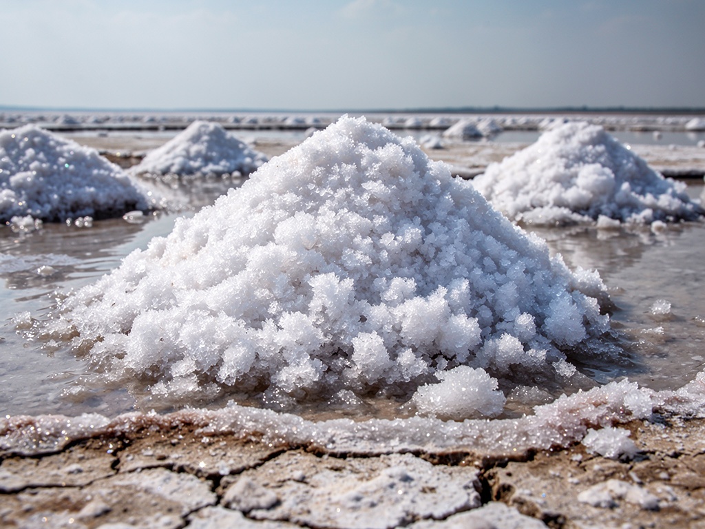 Glistening white salt crystal mounds with shallow brine pools reflecting a soft blue sky
