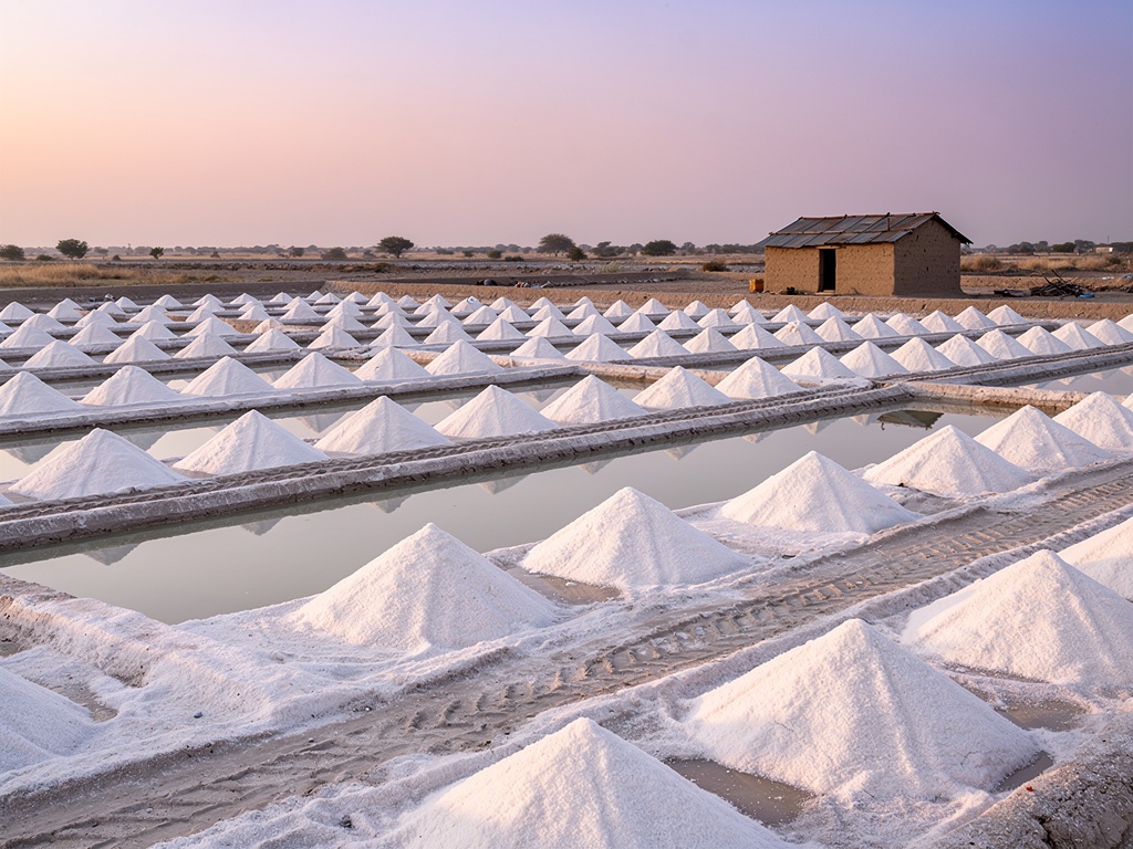White salt pans of the Little Rann at dusk with brine pools reflecting the sky