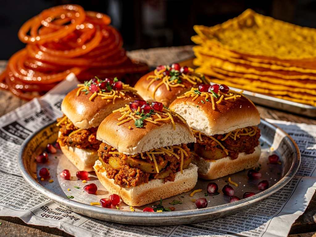 Dabeli pav with spicy potato filling garnished with pomegranate and sev