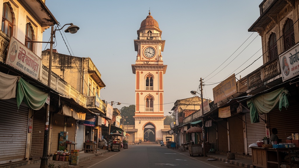 Heritage clock tower rising above a quiet bazaar street with old shop facades