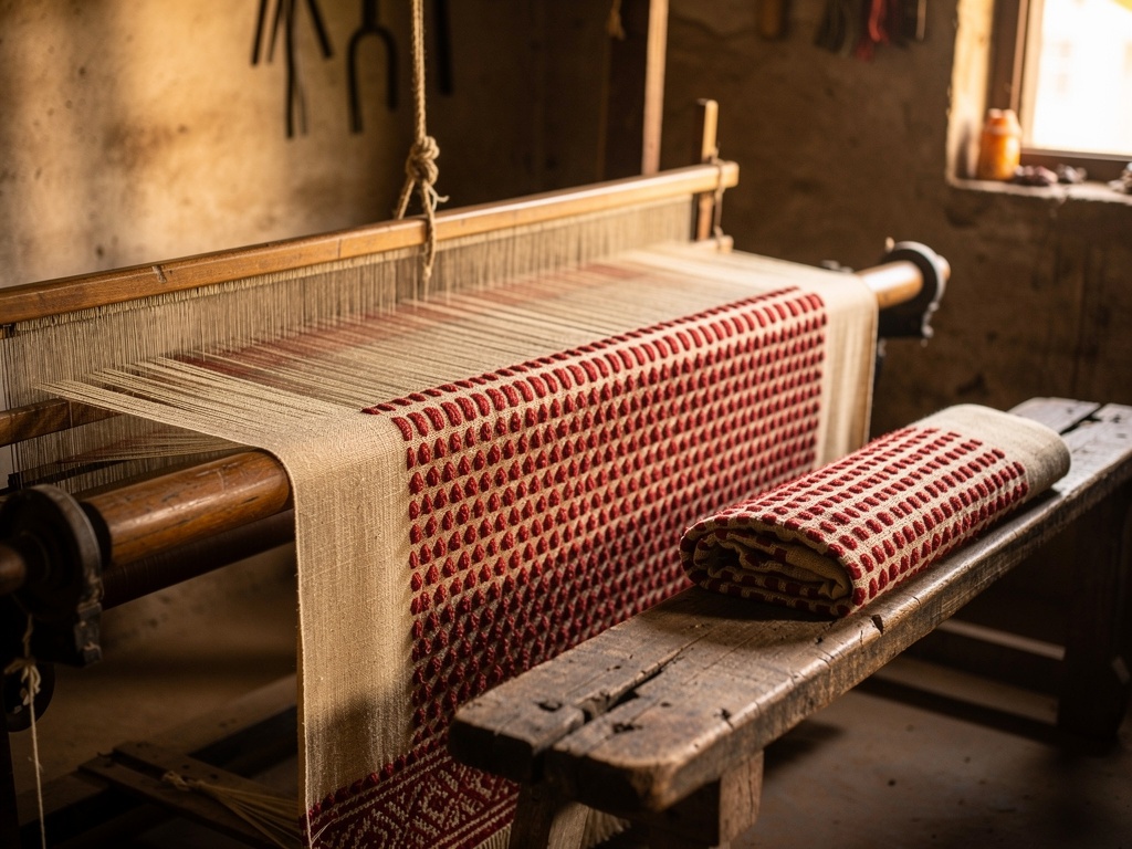 Tangaliya weaving in progress on a wooden handloom in a village workshop