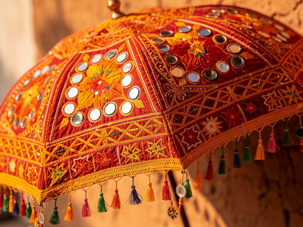 Close-up of a Tarnetar embroidered umbrella in red and yellow with mirror-work