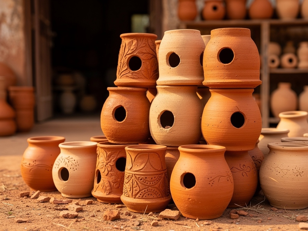 Terracotta pots and pots stacked outside a Thangadh ceramic workshop