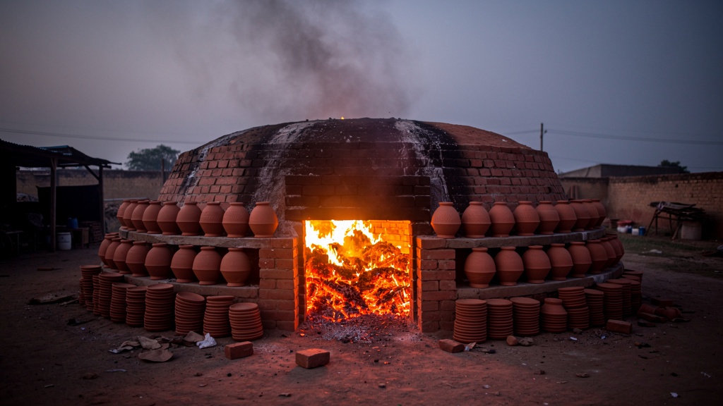 A circular brick kiln with glowing fire and terracotta pots stacked around it at dusk