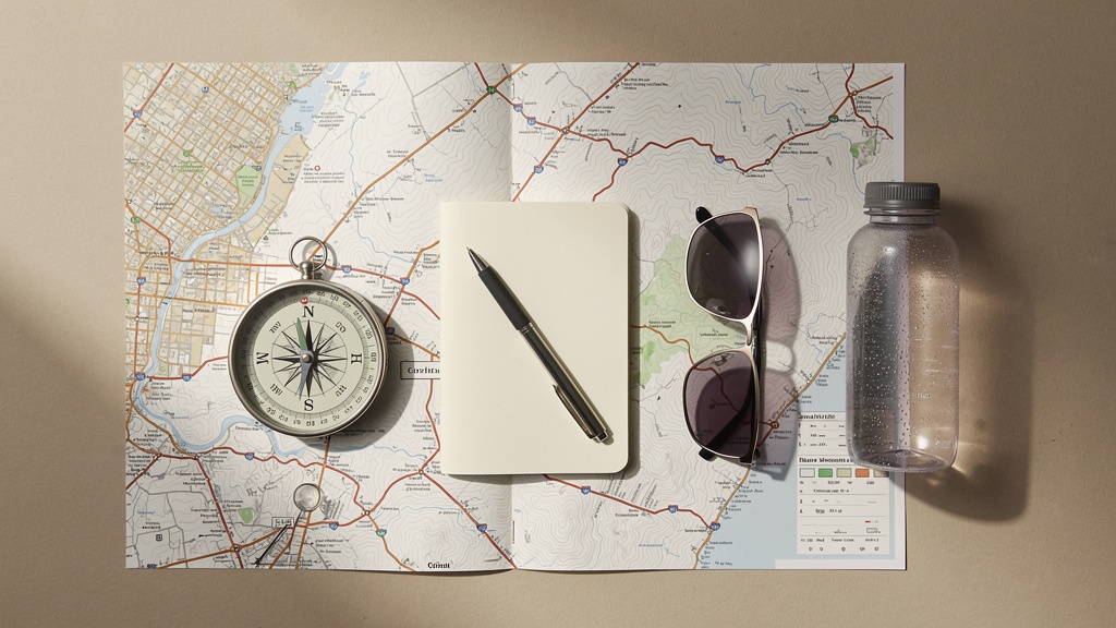 Flat lay of trip planning: printed district map, compass, notebook, sunglasses and water bottle on a beige table