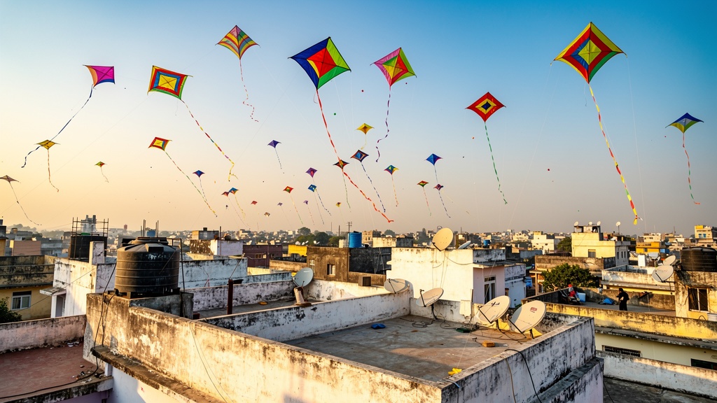 Colourful kites filling a bright winter sky above white rooftops