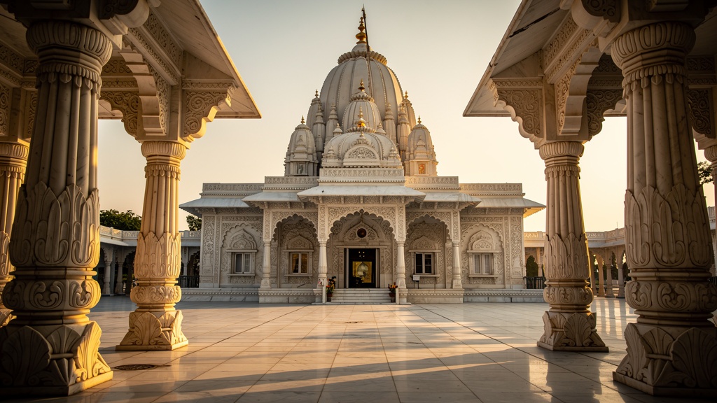 White marble Jain dham temple at Patdi with ornate domes and carved pillars in a peaceful courtyard