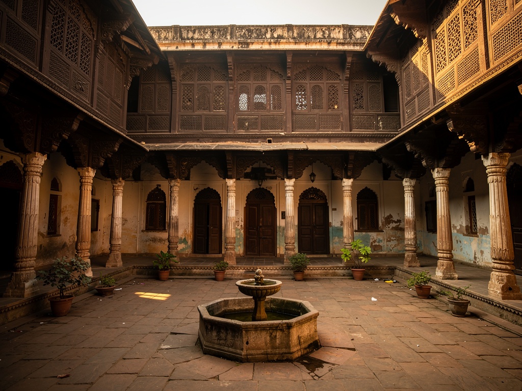 Heritage haveli mansion courtyard in Wadhwan with wooden balconies and a fountain