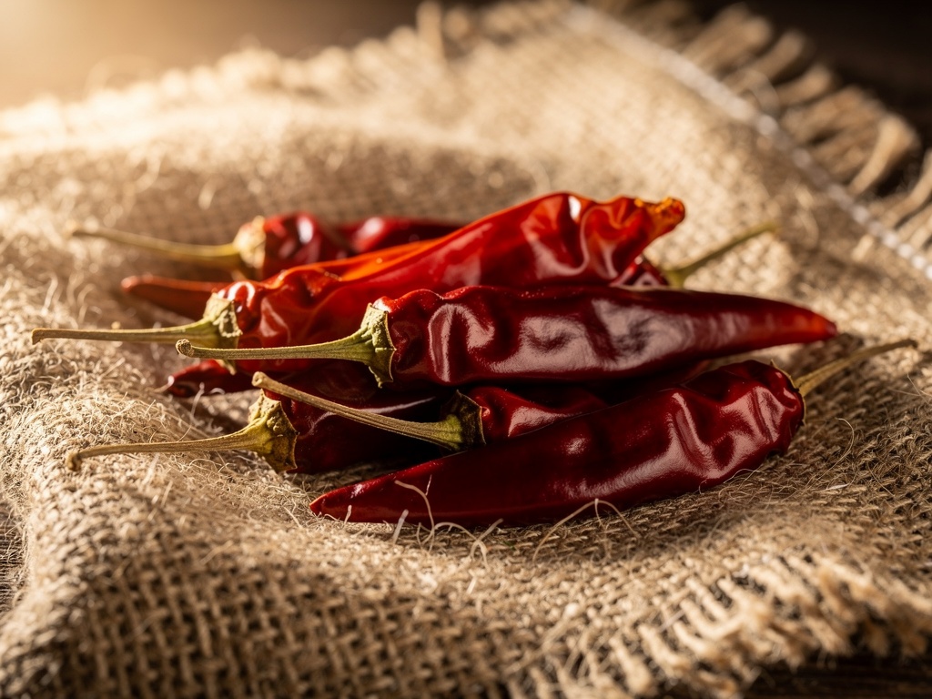 Dried red Wadhwani marcha chillies on a jute sack