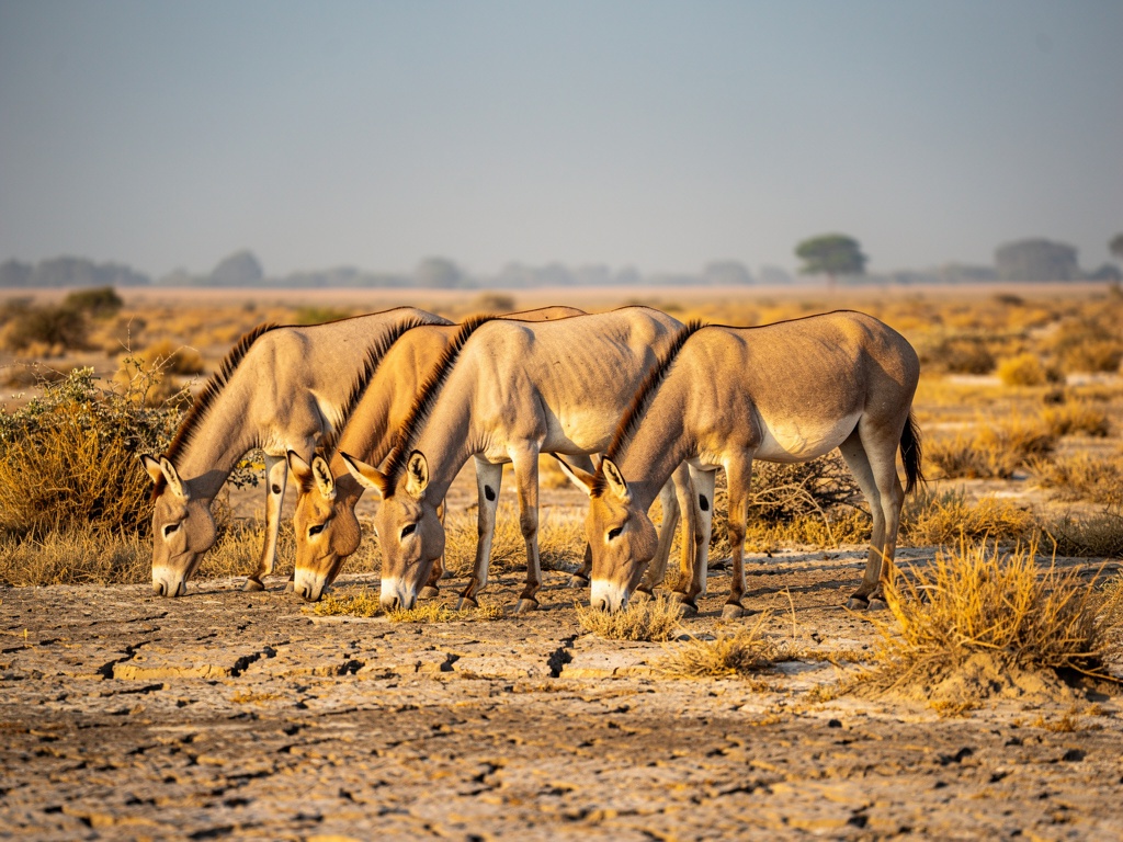 A small herd of Indian wild asses grazing on dry grassland at the edge of the Little Rann