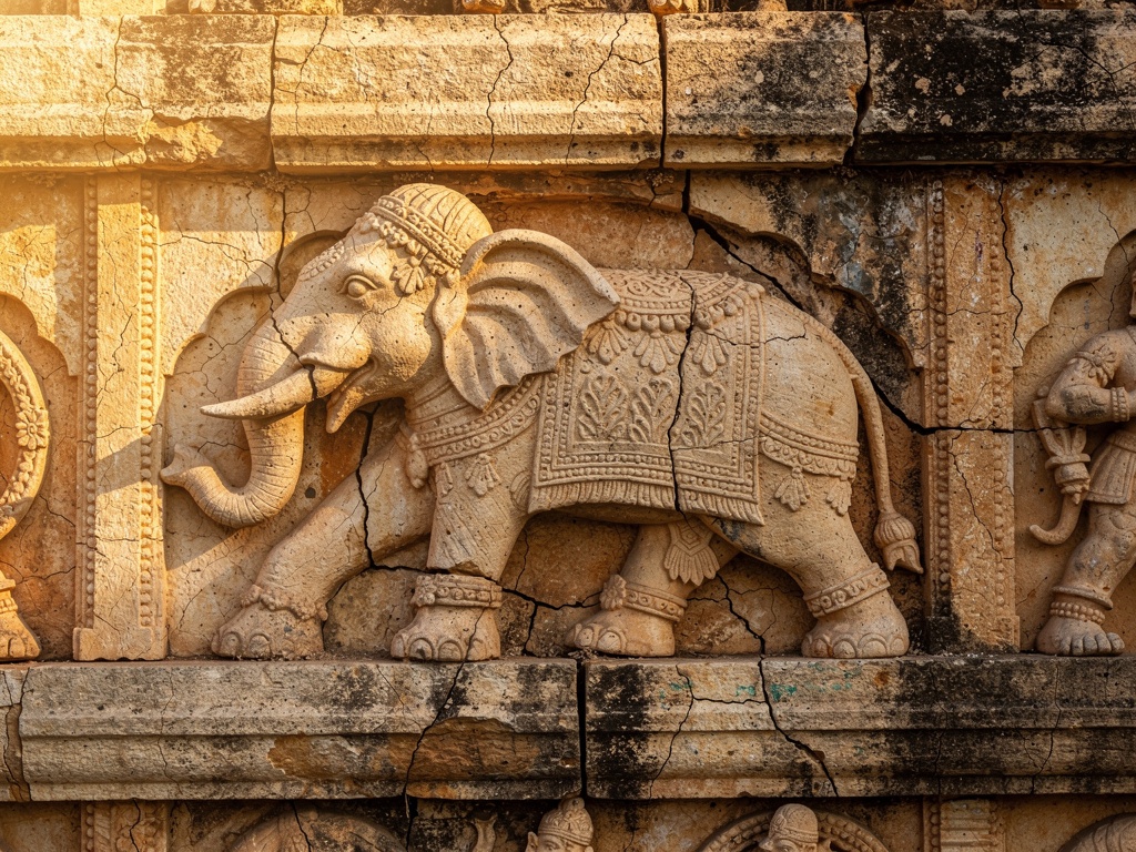 Weathered stone carvings of elephants and warriors on an old Rajput fort wall